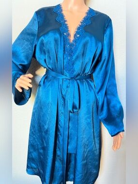 Morgan Taylor Teal Satin Robe Women XL Short Kimono